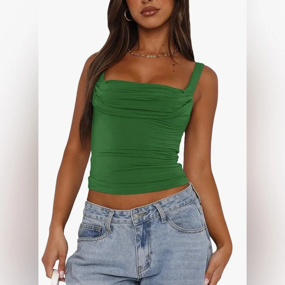 NWT Sleeveless Square Neck Strappy Tank Top Ruched Backless Crop Camisole Top